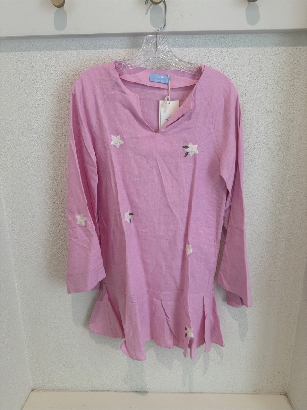 Light Pink Floral Embroidered V-Neck Tunic by